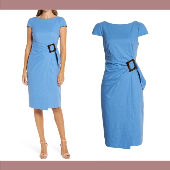 NWT $168 ELIZA J [‎ 14 ] Buckle Front Faux Wrap Linen Blend Dress In Blue - Picture 1 of 16